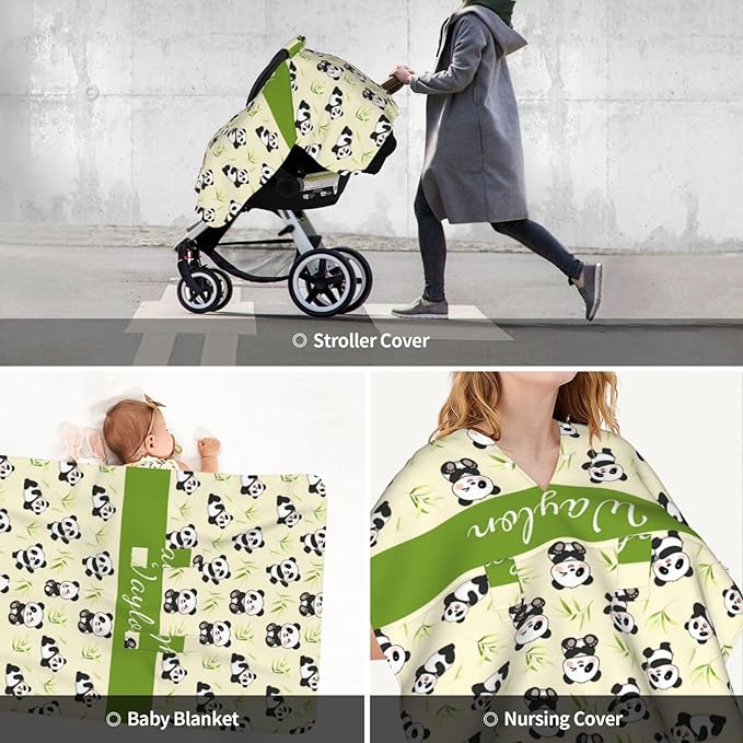 Personalized Name Car Seat Covers for Baby Girls Boys, Custom Cute Panda Baby Carseat Canopy, Nursing Cover for Breastfeeding, Strollers Car Seat Canopies for Babies Infant Newborn