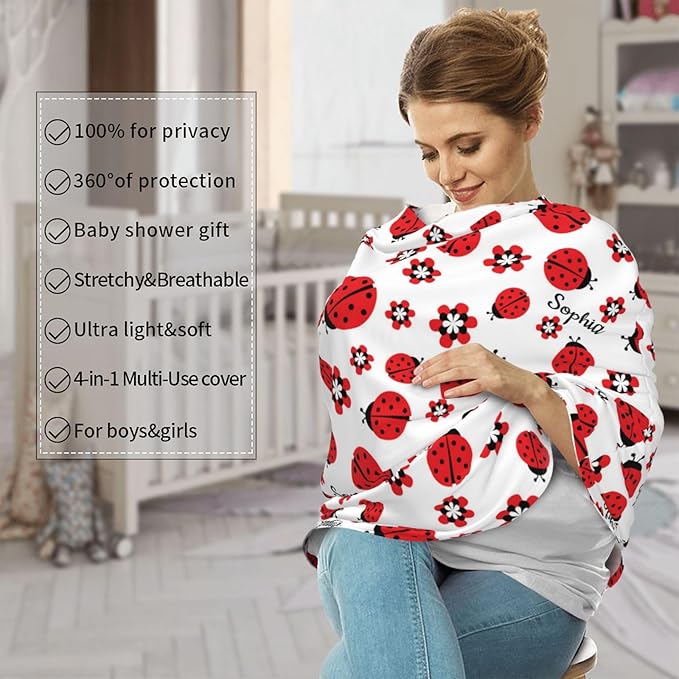 Personalized Baby Car Seat Cover for Boys Girls, Custom Lady Bug Nursing Covers for Breastfeeding with Name, Infant Stroller Cover, Baby Carseat Canopy for Newborn, Multiuse Car Seat Canopies