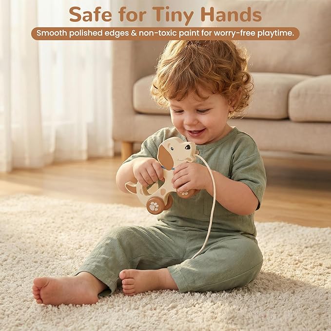 Baby Toys Car,Wooden Pull Along Toddler Toy, Developmental Toy for 1 Year Old Girl Boy Birthday Gift (Cute Dog)