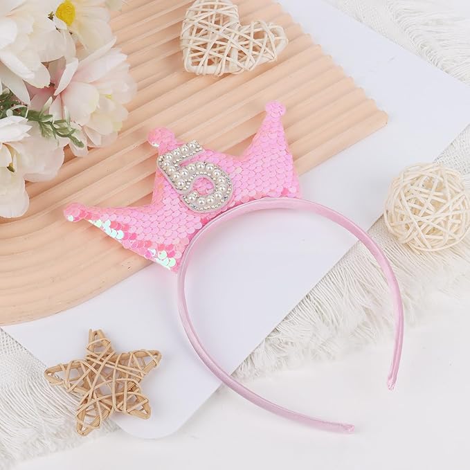 Birthday Crown Headband Pink Glitter Birthday Headbands for Girls 5 Year Old Girl Gift 5th B-day Decorations Girl