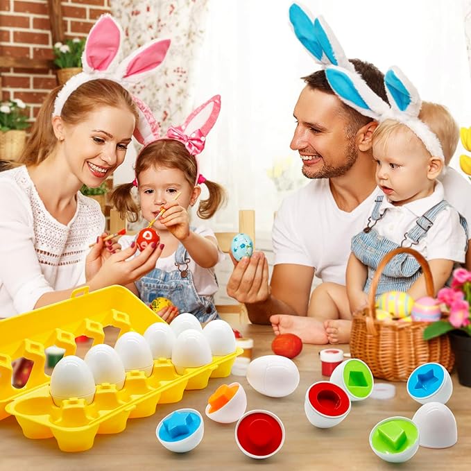 MOONTOY Matching Eggs for Toddlers 1-3, 12PCS Preschool Educational Learning Color & Shape Sorter Sensory Montessori Toy Toddler Easter Eggs Basket Stuffers Gift for 1 2 3 Year Old Kid Baby Boy Girl