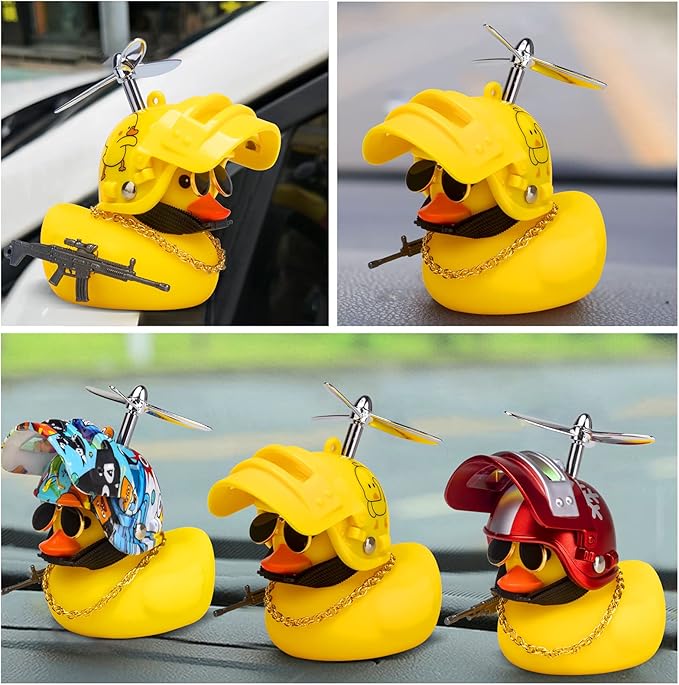 wonuu Rubber Yellow Duck Car Ornaments Cool Duck Car Dashboard Decorations with Propeller Helmet Sunglasses (Duck-Yellow G)