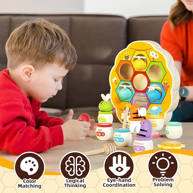 Wooden Toddler Fine Motor Skill Toy, Bee to Hive Matching Game with Honey Jar & Sticks, Montessori Color Sorting Matching Toys, Preschool Educational Learning Toys, Gift for Toddler 2 3 4