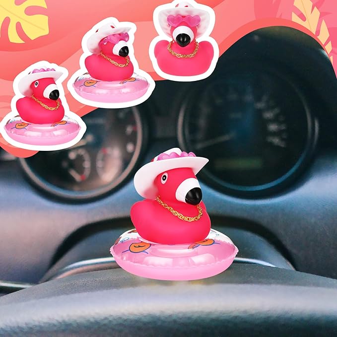 Sotiff Rubber Flamingo Pink Flamingo Rubber Ducks Squeaky Mini Ducks with Mini Hats Swim Ring Gold Chain and Sunglasses for Car Decor Summer Birthday Swimming Party Gift Favor