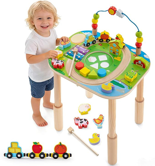 Montessori Activity Table for 1 Year Old, 9-in-1 Wooden Activity Table with Adjustable Height, Train, Shape Sorter, Xylophone, Baby Sensory Educational Learning Toys, Birthday Gift (Farm)