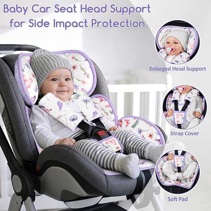 Infant Car Seat Insert with 3 Straps Covers, Ultra-Thick Baby Car Seat Head Support for Side Impact Protection, Minky Dot Baby Car Seat Cushion, Universal Purple Carseat Head Support for Newborn