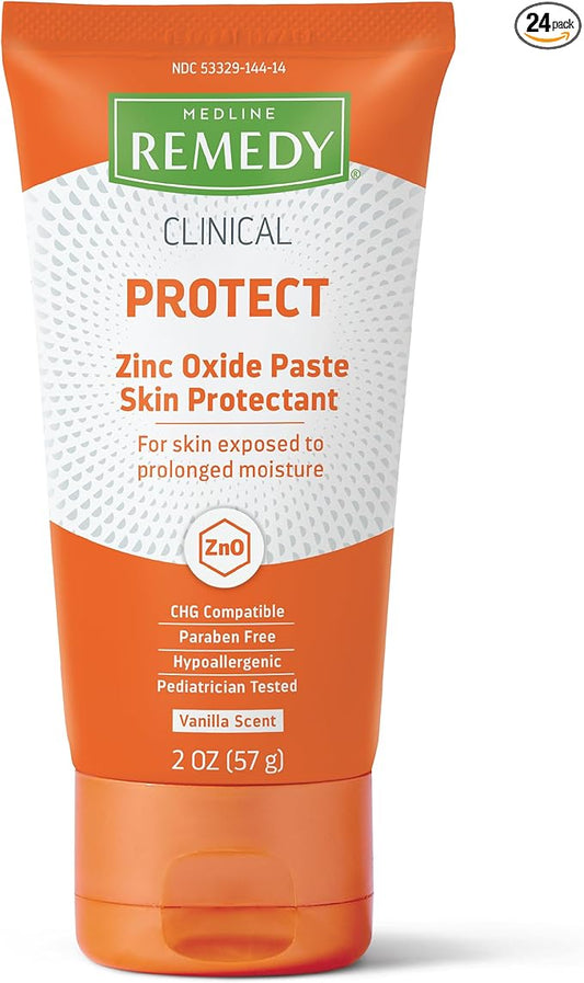 Medline Remedy CLINICAL Zinc Oxide Paste Skin Protectant (2 oz Tube), 24 Count, Vanilla Scent, Diaper Rash Cream, Incontinence Care, Wetness Protection, Paraben Free, Hypoallergenic, Adults, Children