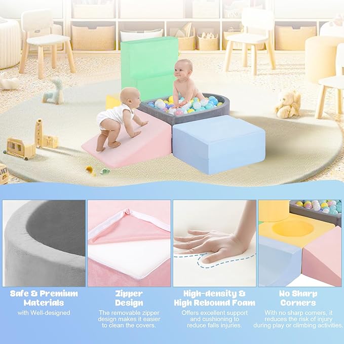 CAMELUS Climbing Toys for 1 Year Old, Foam Baby Climbing Blocks with Ball Pit for Toddlers, 6-Piece Soft Play Set, Indoor Climb Crawl Activity Play, Birthday (Balls not Included)