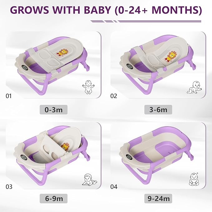 MoreFeel Foldable Baby Bathtub with Thermometer - 4-in-1 Grow-with-Me Collapsible Infant Tub (Newborn to Toddler) with Adjustable Mesh Sling - Space Saving Design