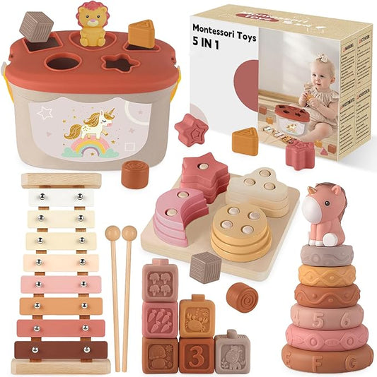 FEBALHS Montessori Toys for 6-12 Months, Baby Toys 6-12-18 Months with Montessori Baby Blocks Toy, Shape Sorting Baby Development Toys for 6+ Month Girls Boys Birthday Chiristmas Gifts