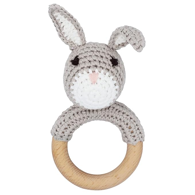 Joliecraft Natural Wooden Baby Rattle Soft Shaker Toy with Teething Ring for Infants Gray Bunny