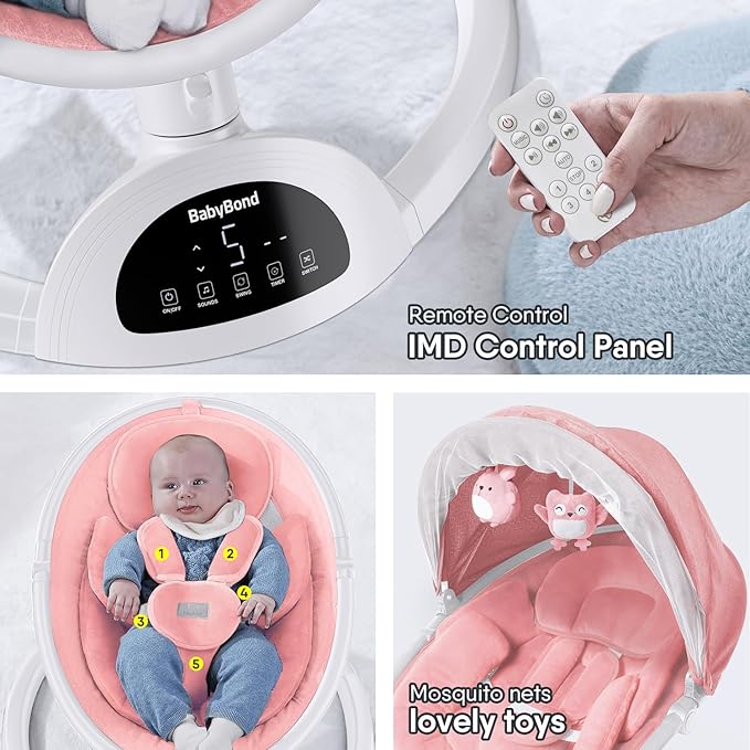 BabyBond Baby Swings for Infants, Bluetooth Infant Swing with Music Speaker, 3 Seat Positions, 5 Point Harness Belt, 5 Speeds and Remote Control - 1 Pcs (Pink)