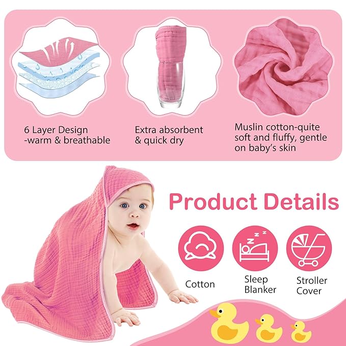 Peryiter 4 Pcs Muslin Hooded Baby Towels 32 x 32 Inch Cotton Newborn Bath Essentials Muslin Infant Blankets Absorbent Registry Gifts for Girl Boy Kids Baby Shower (Pink Series)