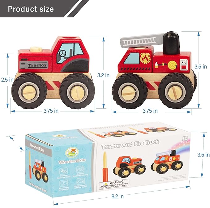 Construction Vehicles for Toddlers, 2 Pcs Wooden Detachable Assemble Cranes and Tractor, Kids Vehicle Toys Hand Push Car Toys for 3 Years Old Boys Girls
