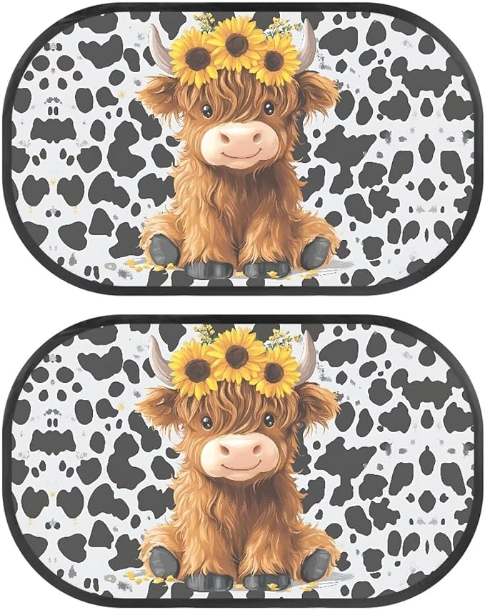 Bulopur 2 PCS Highland Cow Print Car Window Covers Sun Shade Side Window Sun Protection and Sun Shade Blocker Car Interior Automotive Mesh Windshield Shades for Baby