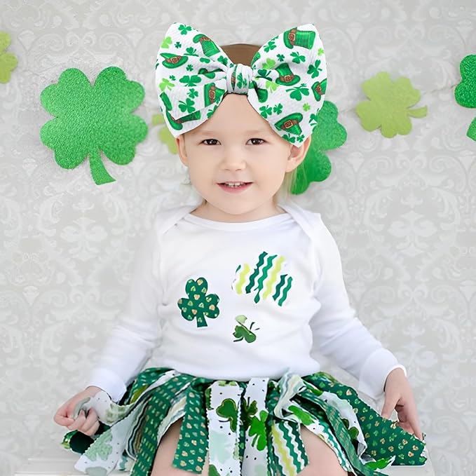 St.Patrick's Day 6'' Baby Girl Bows Clover Headbands St. Patrick Top Hat Print Hair Bows Baby Elastics Nylon Hairbands Hair Accessories for Infant Newborn Toddler