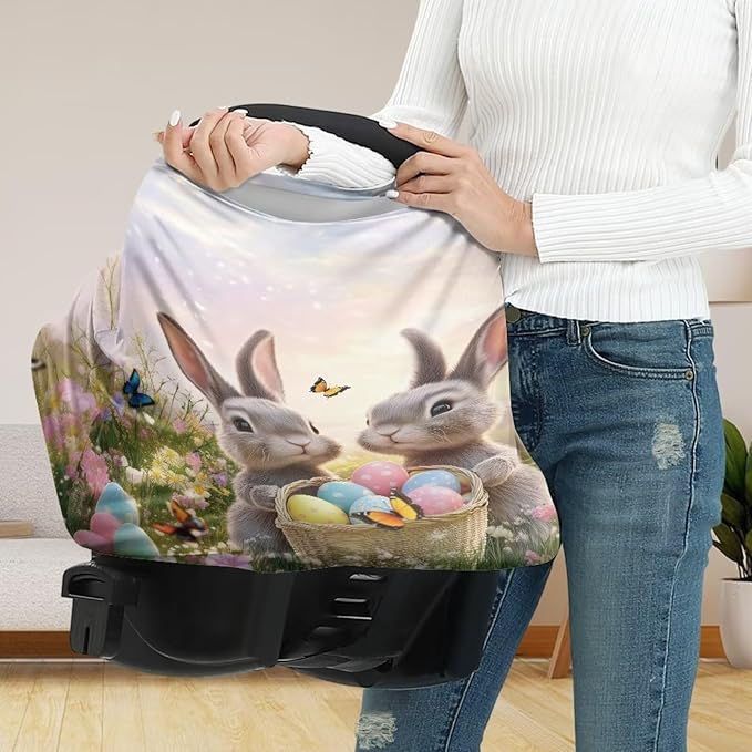 Wanyint Easter Rabbit Eggs Garden Stretchy Nursing Scarf Car Seat Canopy Baby Car Seat Cover, Baby Breastfeeding Stroller High Chair Shopping Cart Cover for Boys Girls