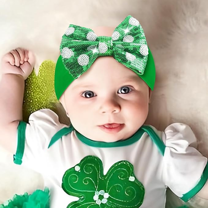 YanJie 5'' St.Patrick's Day Baby Headbands Green Sequins Bow Clover Headbands Shamrock Baby Girl Bows Large Newborn St.Patrick's Day Accessories