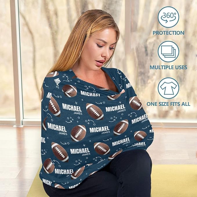 Personalized Baby Car Seat Cover for Boys Girls, Custom Football Nursing Covers for Breastfeeding with Name, Infant Stroller Cover, Baby Carseat Canopy for Newborn, Multiuse Car Seat Canopies