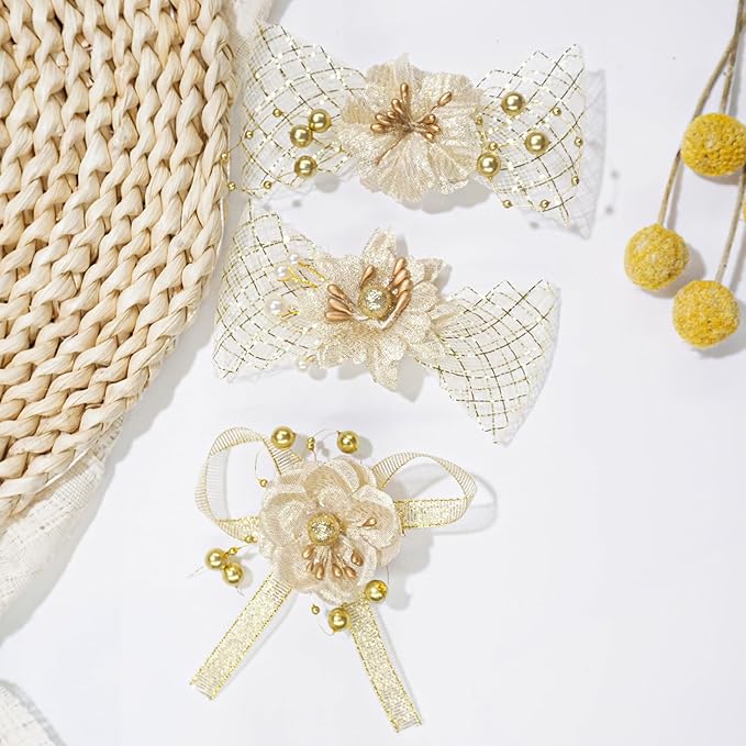 Baby Girls Floral Hair Bows Clips, 3Pcs Glitter Gold Flower Hair Barrettes Alligator Clips, Hair Accessories for Toddlers Kids Teens