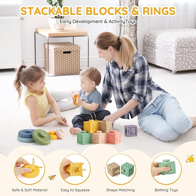 VoMii Baby Toys 6-12-18 Months, Montessori Toys for Babies Newborn Teether Sorting Stacking Blocks Spinner Toy Activity Cube Sensory Toy for Toddlers 1-2-3 Years