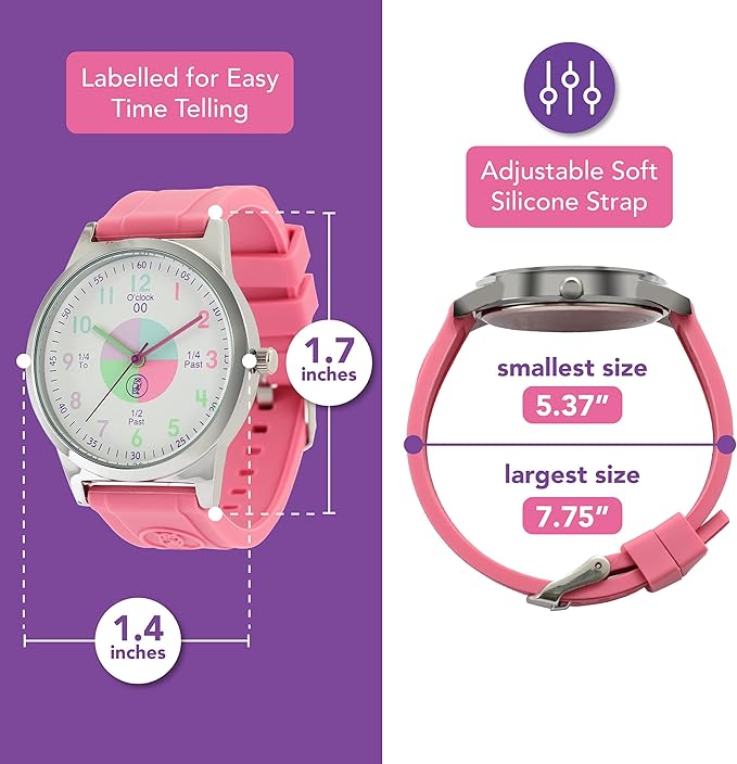 OWLCONIC Telling Time Teaching Clock - Bundled with Kids Watch. Learn to Tell Time Resources. Pink