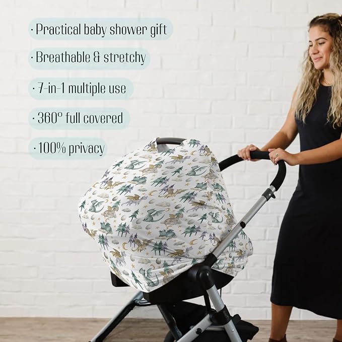 Baby Boy 5-in-1 Car Seat Cover Watercolor Dragon Tale, Multi-use Privacy Nursing Breastfeeding Cover, Carseat Canopy Carrier Newborn Infant Gift