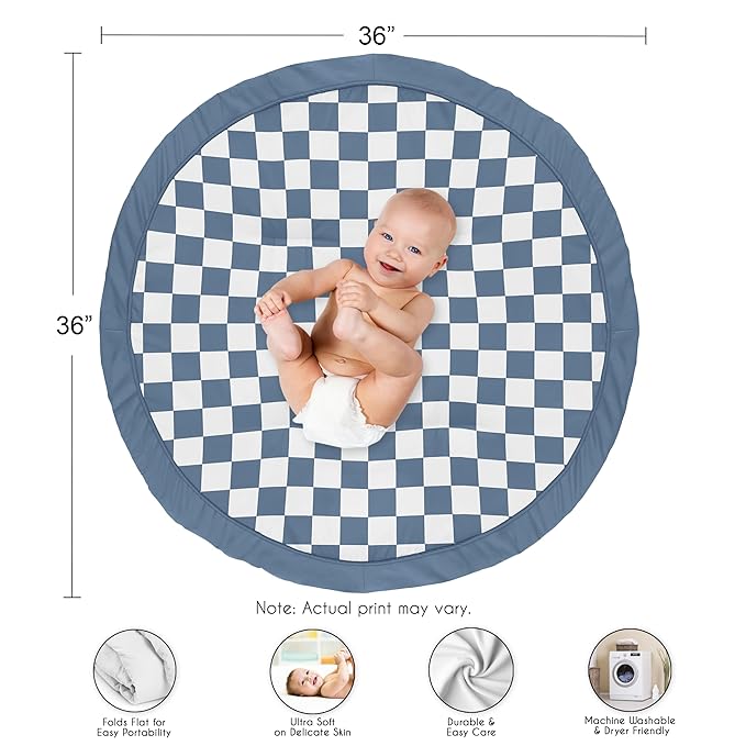 Sweet Jojo Designs Baby Play Mat (Blue Gingham Checkered Plaid) for Boys, Infant, Toddler Tummy Time Activity Floor Playmat (Vintage, Classic Checkerboard, Geometric, Minimalist, Retro, Slate & Steel)