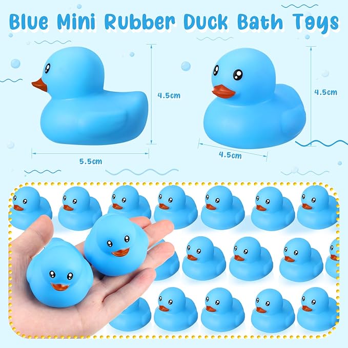 Hungdao 24 Pcs 2 Inch Mini Blue Rubber Ducks for Kids Children Party Favors Bulk Bath Ducks Summer Pool Floating Toys Birthday Gifts for Boys Girls Baby Shower Supplies