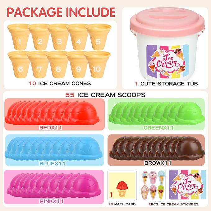Ice Cream Toy Counting and Color Sorting Set for Toddlers, Montessori Preschool Kindergarten Learning Activities Fine Motor Skill Toys, Number Math Games Learning Toy Gifts for Kids Boys Girls Age 3-5