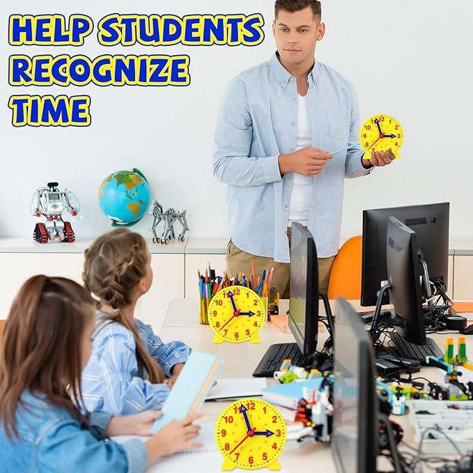 Batiyeer 24 Pcs Teaching Clock Kit for Kids to Tell Time Teaching Mini Geared Clock for Kids Basic Math Development Teacher and Classroom Supplies, 4 Inch(Yellow)