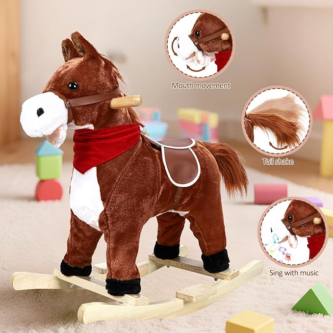 Rocking Horse for Toddlers Ages 1-6, Plush Ride On Toy with Sounds Moving Mouth & Wagging Tail, Interactive Wooden Rocker for Kids, Baby Rocking Chair Toys up to 120kg (Dark Brown Small)