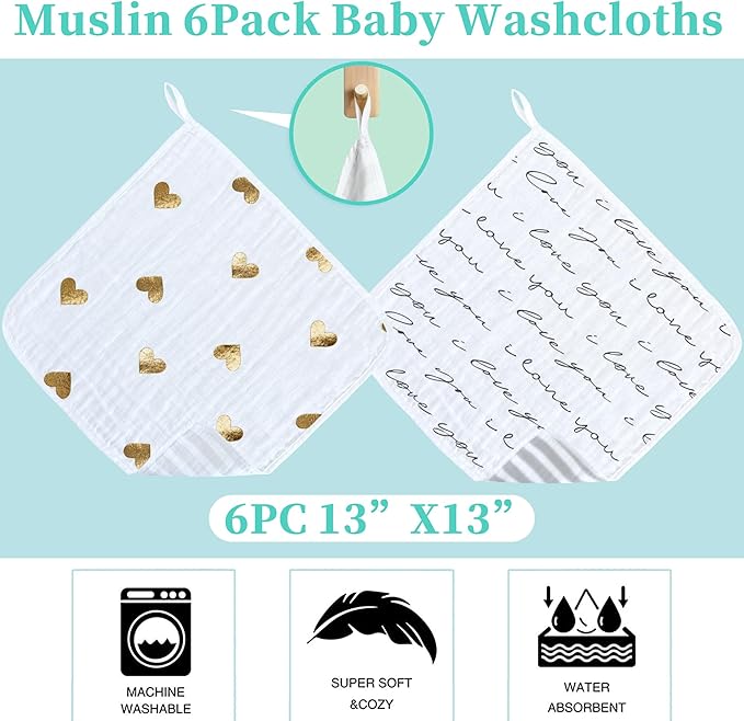 VOOVA & MOVAS 6 Pack 100% Muslin Cotton Baby Washcloths with Handing Loop | 13x13 Inches | Highly Absorbent | Ultra-Soft Newborn Burp Cloths | Perfect Set |Golden Love & Grapheme Love Patten