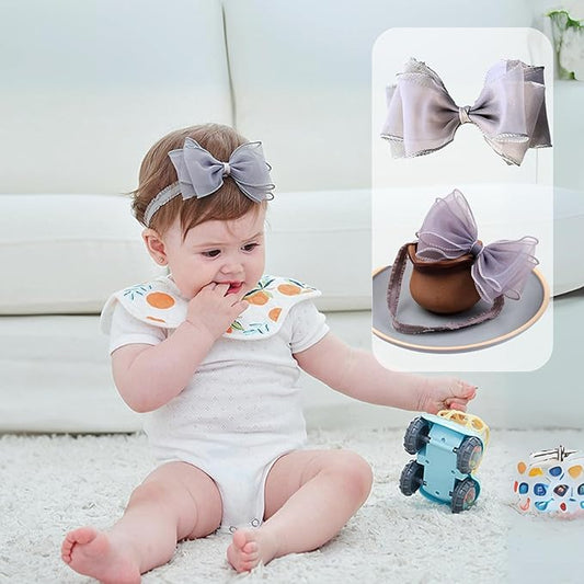 Cute Lace Bow Baby Girls Headbands Large Knot Hair Band Soft Chiffon Hairband Elastic Shower Hair Accessories for Newborn Infant Toddler Kids (Grey A, Elastic)