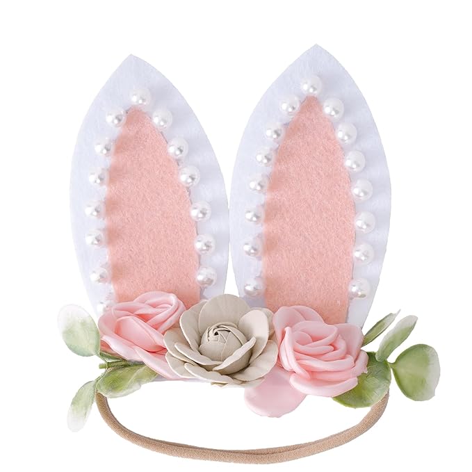 baotongle Pearl Bunny Headband Bunny Rose Ears Easter Headbands Baby Girls Flower Spring Newborn Toddler Infant Bunny Headbands