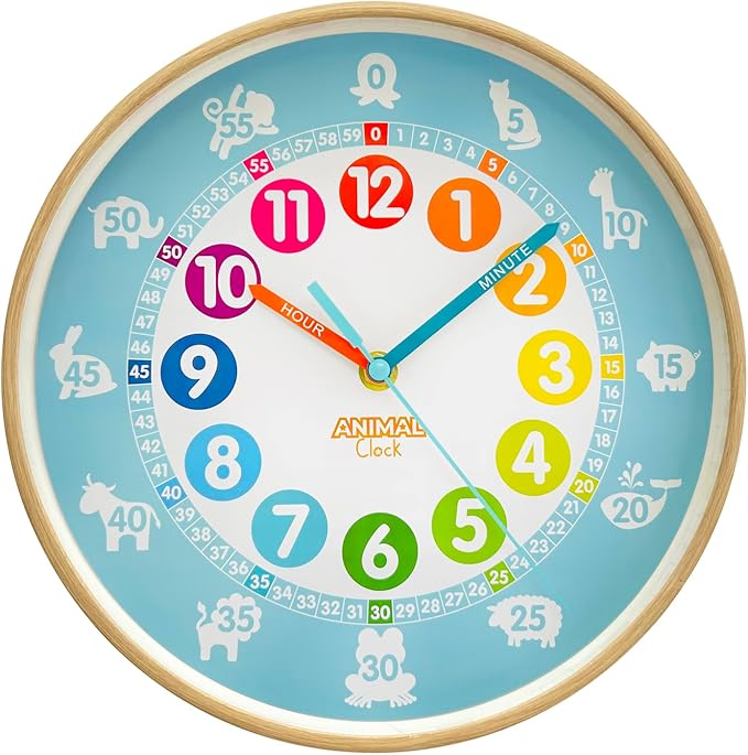 Animal Preschool Clock - Time Teacher 10 Inch Educational Silent Wall Clock with Wood Look Frame - Easy to Read Dial for Teacher's Classrooms, Preschooler's Bedroom & Children Playroom