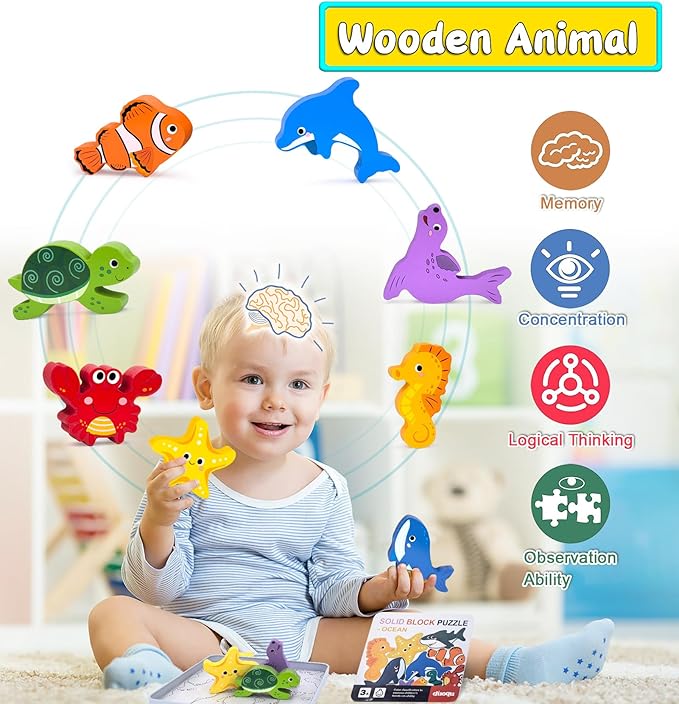 KECIABO Wooden Animal Puzzles Toys for Toddlers,12 Pcs Sea Animals Figures,Animal Matching Sorting Stacking Toy for Boys Child Girls,Educational Learning Toys Gift for Kids