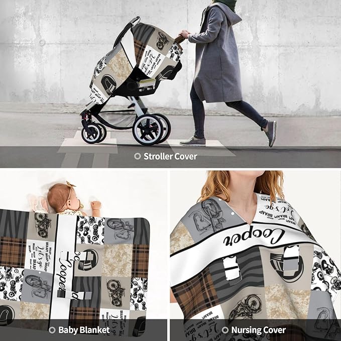 Personalized Baby Car Seat Canopy for Babies, Custom Name Car Seat Covers for Baby Boy, Opening Minky Nursing Breastfeeding Cover for Infant, Carseat Canopies for Newborn (Motorcycle)
