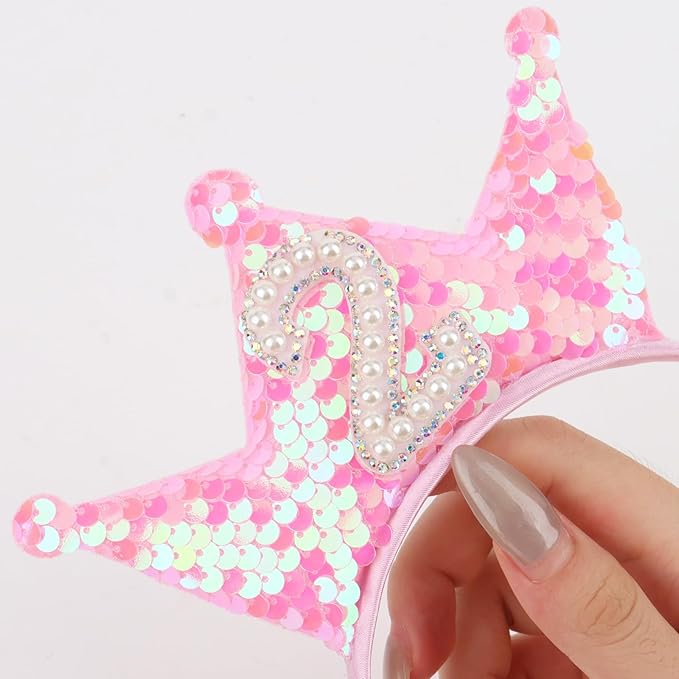 Birthday Crown Headband Pink Glitter Birthday Headbands for Girls 2nd Bday Outfit 2 Year Old Girl Gifts