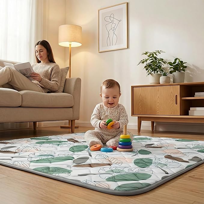 UBRAVOO Baby Play Mats for Floor, Crawling Playpen Mat, Thicken Soft Cushioning Padding Foam Playmate for Baby and Toddlers Infants, Non-Slip & Machine Washable (71" X 59", Leaf)
