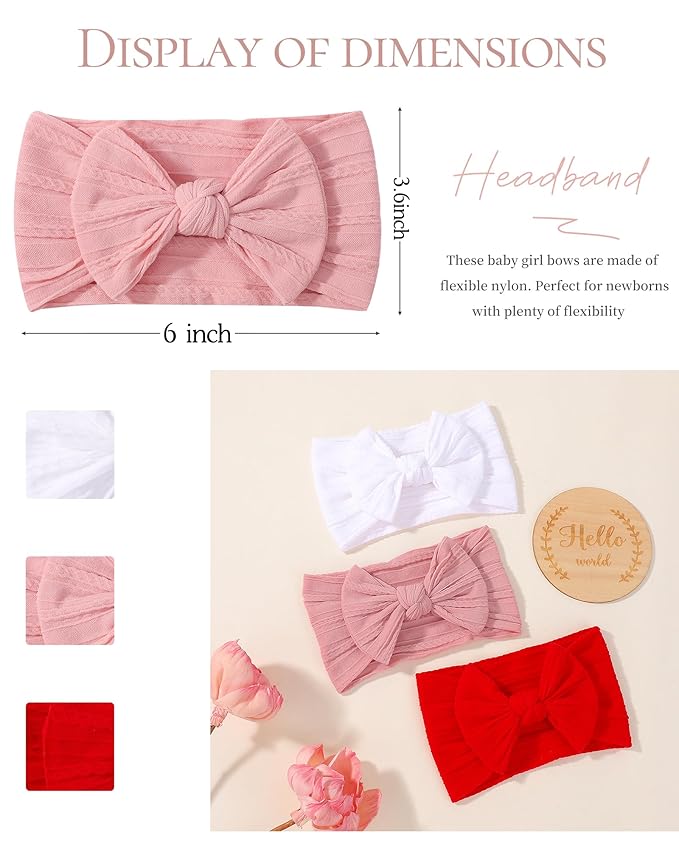 jollybows 3PCS Baby Bows Headbands Soft Nylon Baby Girl Headbands for Newborn Infant Toddler Kids Christmas Bow Wide Hairbands Hair Accessories(White Pink Red)