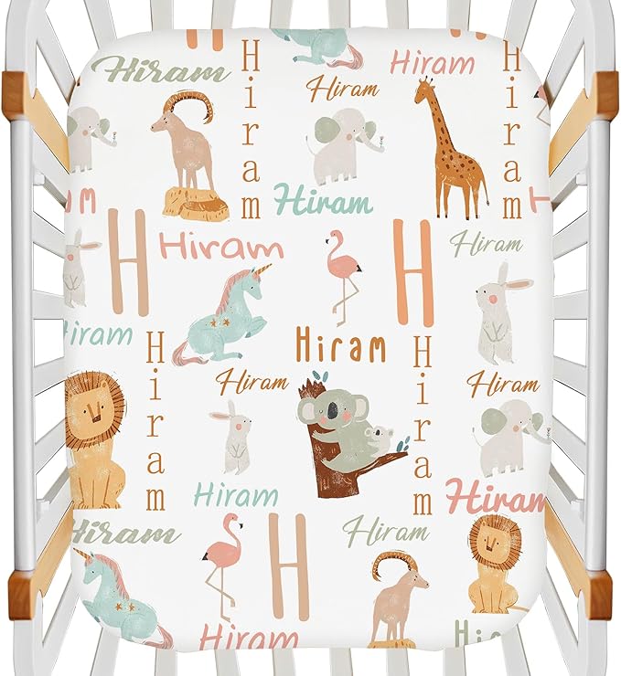 Personalized Name Pack N Play Sheets for Pack and Plays, Playard, Playpen, Mini Cribs - Customized Cute Animal Pack & Play Sheet with Name - Mini Cribs Mattress Fitted Sheet for Baby Girls Boys