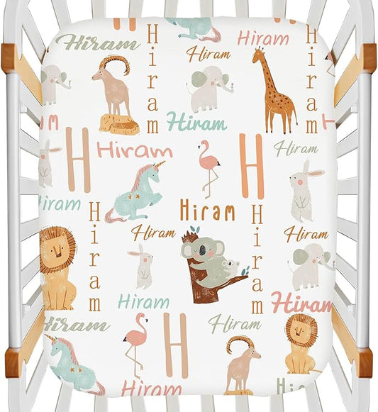 Personalized Name Pack N Play Sheets for Pack and Plays, Playard, Playpen, Mini Cribs - Customized Cute Animal Pack & Play Sheet with Name - Mini Cribs Mattress Fitted Sheet for Baby Girls Boys
