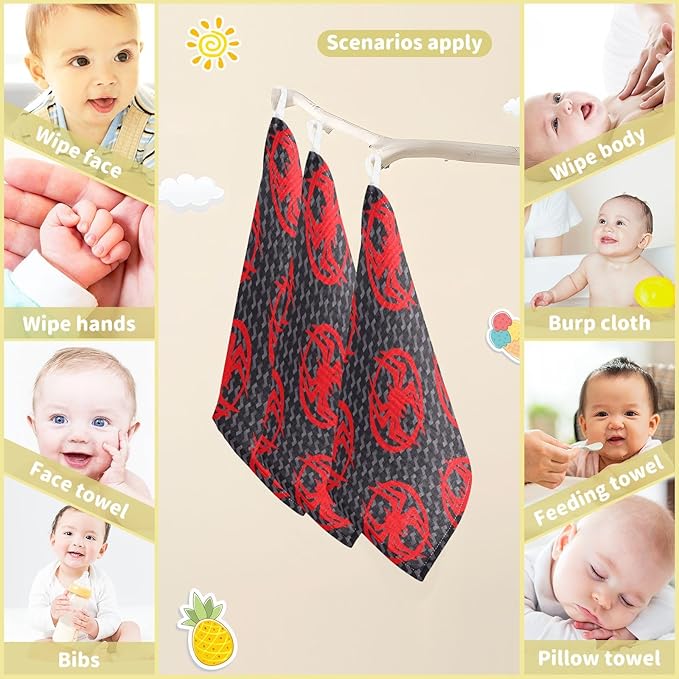 vvfelixl Baby Muslin Washcloths Red Spiders Silhouettes Baby Burp Cloths Cotton Baby Face Towel for Newborn Infants Boys Girls Soft and Absorbent 11.8 X 11.8 in, 3 Pack