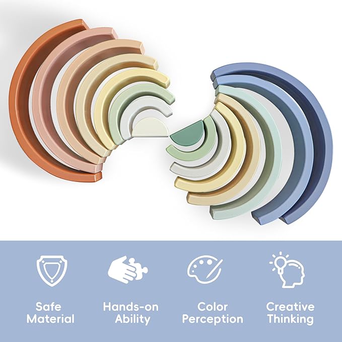 Asweets Wooden Stackable Rainbow Toy, 8 PCS Wooden Building Blocks Set for 1 2 3 Baby, Kids and Toddlers, Montessori Rainbow Nesting Puzzle, Best for 18M+, Cognitive Development (Blue)