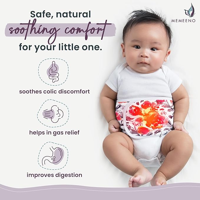 MEMEENO Baby Belly Band for Gas and Colic Relief - Heating Pad, Tummy Wrap for Infants and Newborns, Floral