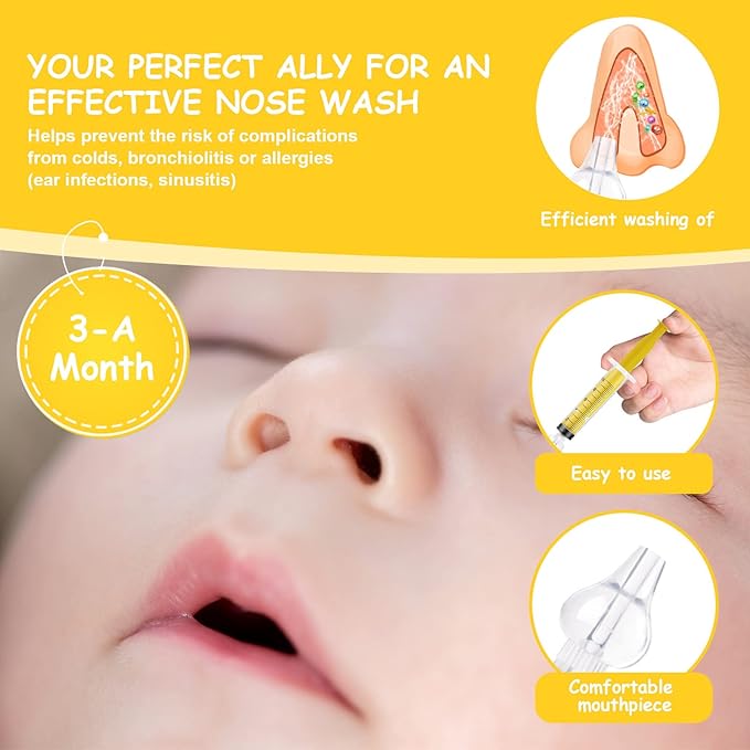 Aolso Baby Nasal Irrigator, 4PCS Nasal Syringe for Baby, Syringe Nasal Irrigator with Tweezers & Cleaning Brush, Baby Nasal Aspirator with Silicone Nasal Suction Tips Portable Baby Nasal Syringe
