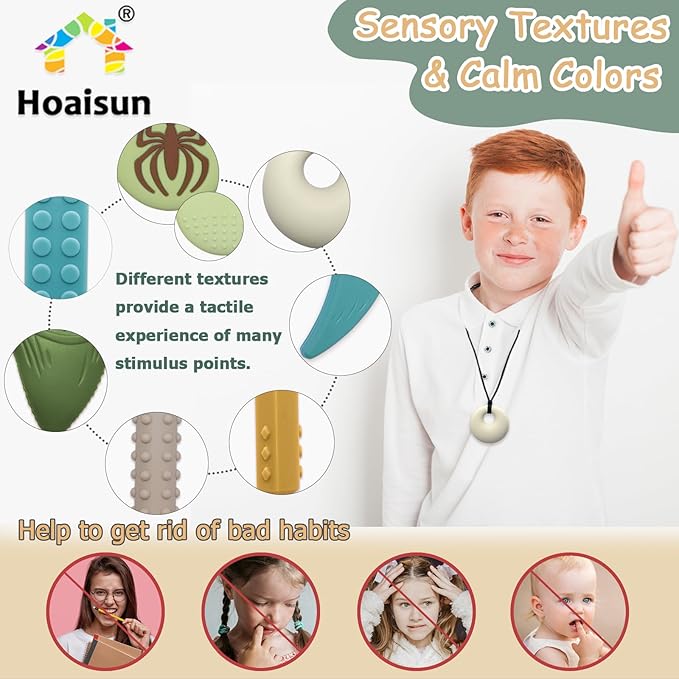 Chew Necklaces for Sensory Kids, 7 Pack Chewy Necklace Sensory Toys for Kids with Autism, ADHD, SPD, Chewing, Biting, Silicone Oral Chew Toy Teething Necklace for Adults Reduce Anxiety Fidget