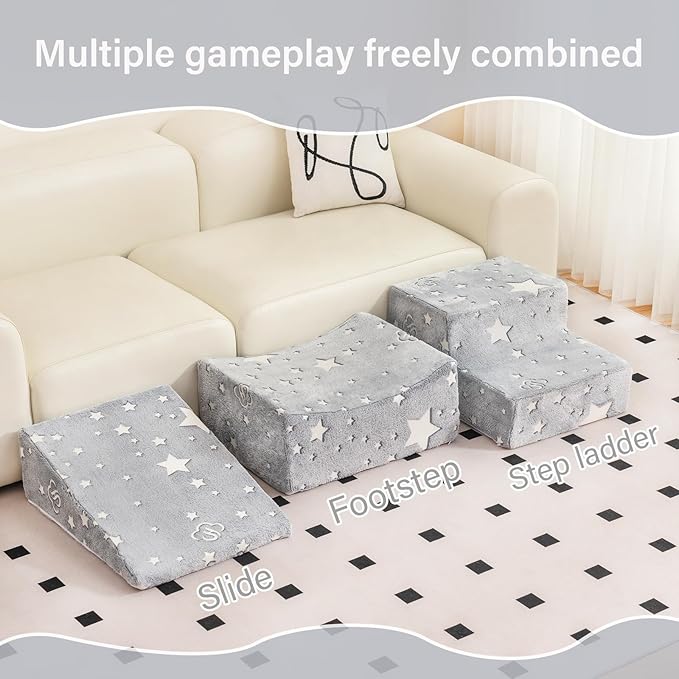 Tiita Baby Climb and Crawl Playset 5-Piece, Kids Foam Climbing Block with Small Ball Pit - Indoor Soft Play Climber for Playtime Fun, Grey Star