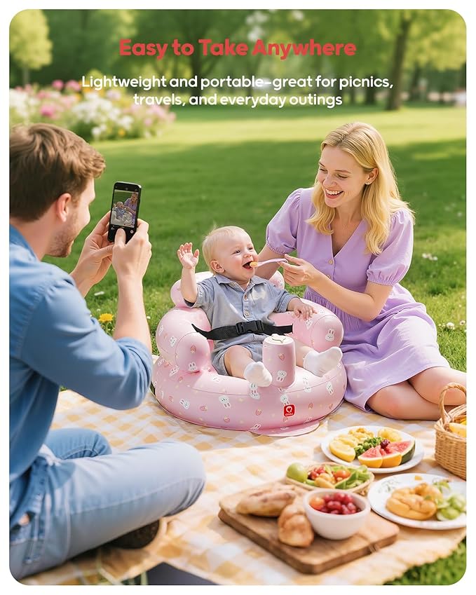 QPAU Inflatable Baby Seat with Safety Harness for Babies 3 Months & Up, Baby Floor Seats for Active Play, Blow Up Baby Chair with Built in Air Pump (Pink Rabbit)